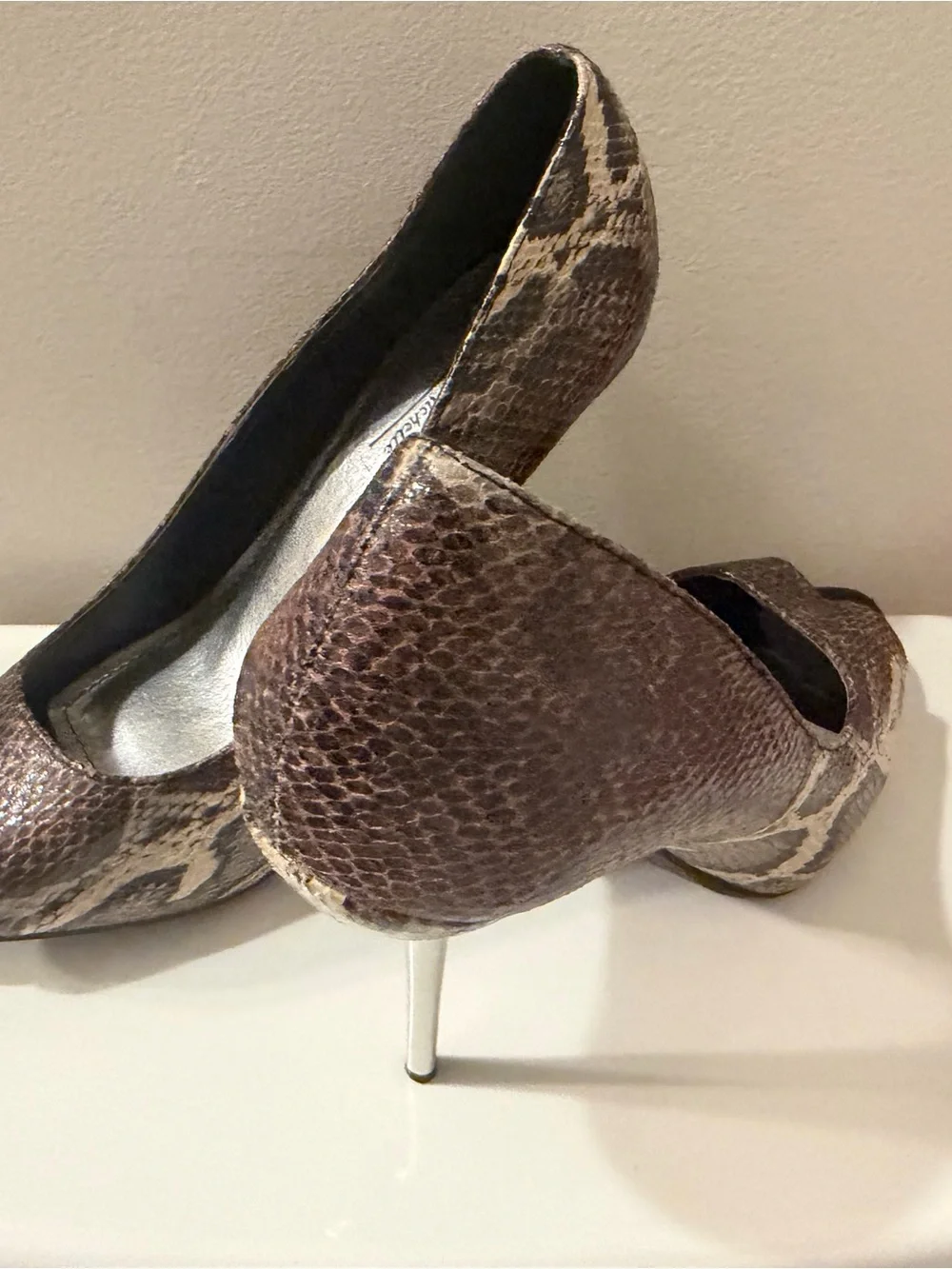 Ann Michell Brown Snakeskin Peep-Toe Heels with Silver Stiletto
